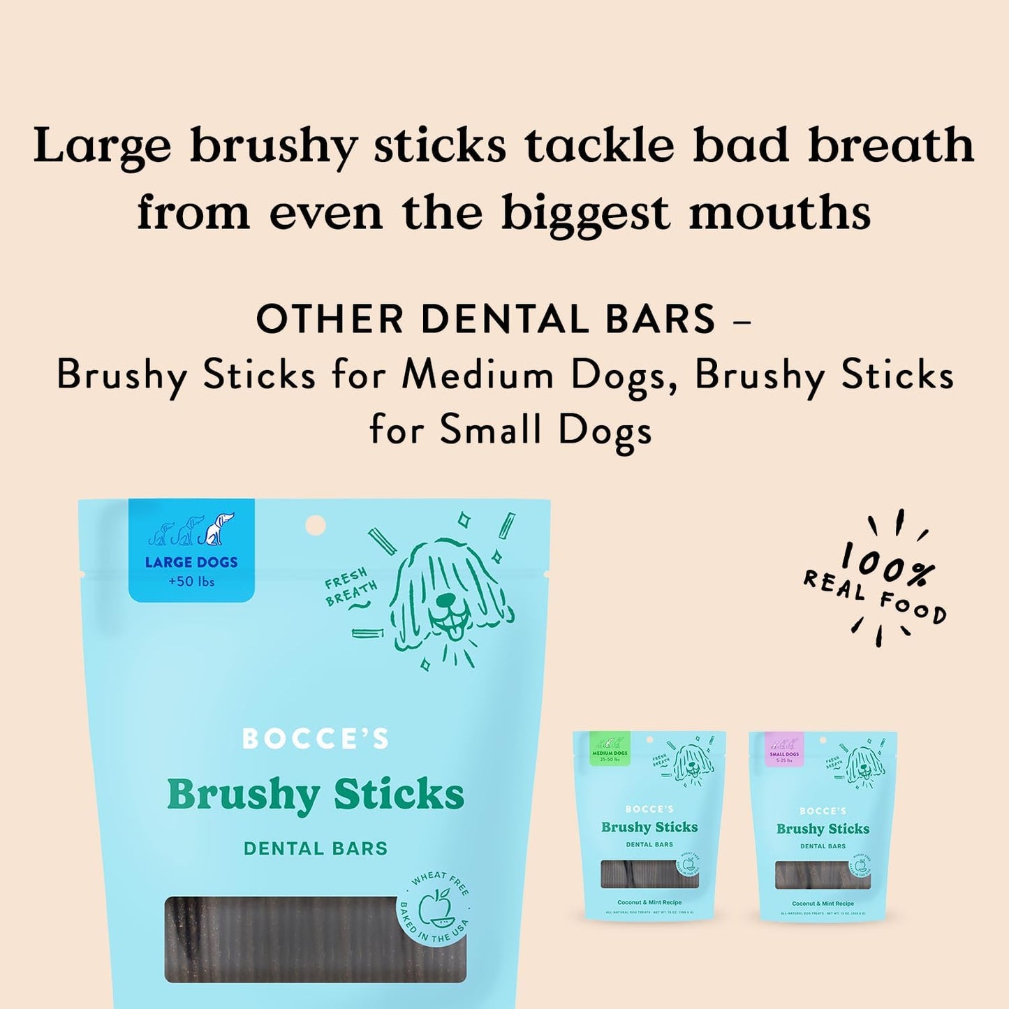 Bocce’s Bakery Dailies Brushy Sticks to Support Oral Health & Fresh Breath, Wheat-Free Dental Bars for Dogs, Made with Real Ingredients, Baked in the USA, All-Natural Coconut & Mint Recipe, Large Dogs