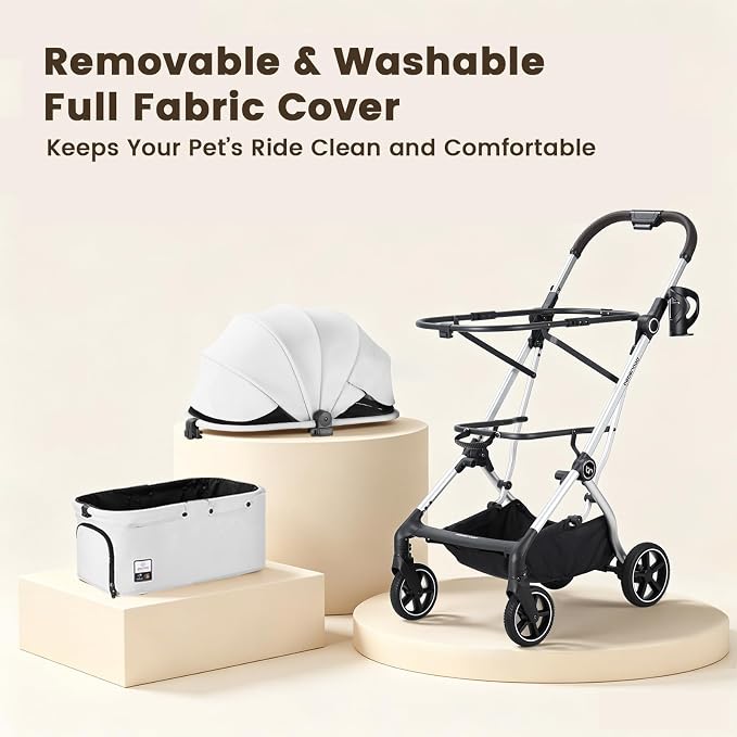 T4 Max Pet Stroller for Small Medium Dogs Cats, 4 Wheels Travel Folding Carrier Waterproof Puppy Stroller with Pad, Canopy and Cup Holder, Gray