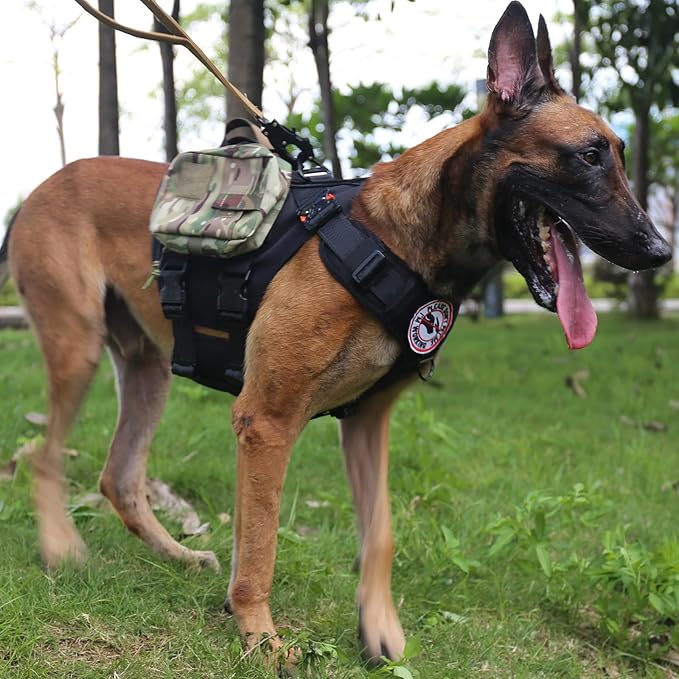 ICEFANG No Pull Tactical Dog Harness for Large Dogs,Adjustable Dog Vest | Control Handle,MOLLE Panel,Front Hook,3 Leash Clips,Soft Padded,for walking training,Black,Large