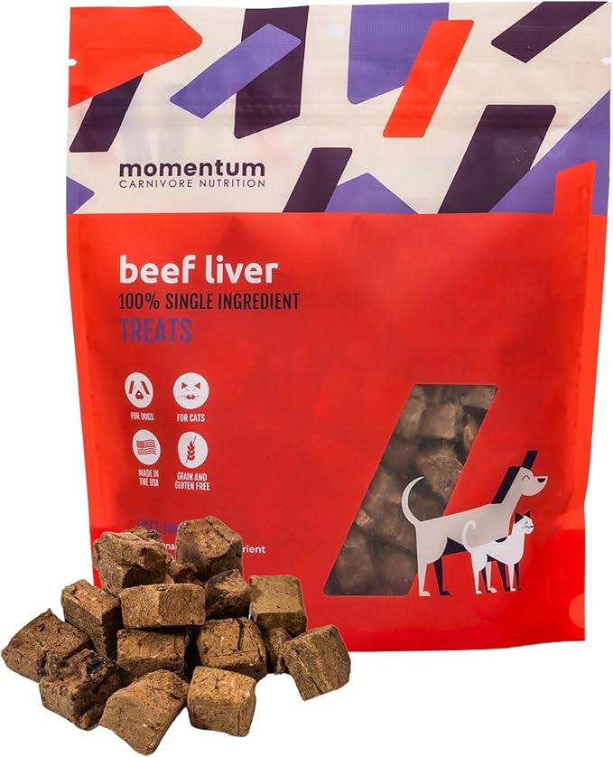 Momentum Carnivore Nutrition Freeze-Dried Beef Liver Dog Treats & Cat Treats – Single-Ingredient, High-Protein, Grain-Free, Nutrient-Rich – Made in USA – 4 oz Bag