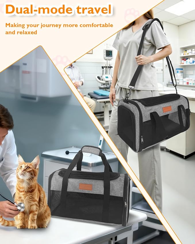 PETUX Airline Approved Pet Carrier for Small Cats up to 12 lb, 17x11x9.5 in | Underseat, Top & Side Entry, TSA‑Friendly, Soft Sided Cat Carrier with Breathable Anti-Scratch Mesh for Travel & Vet, Grey