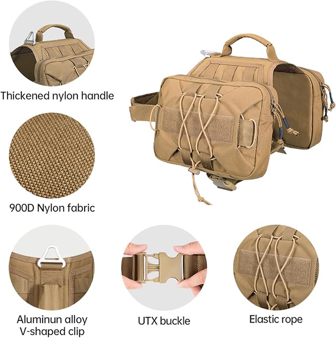 EXCELLENT ELITE SPANKER Nylon Dog Backpack with 2 Side Pockets for Hiking | Adjustable Tactical Dog Pack Hound Saddle Bag Harness for Medium & Large Dog Traveling Camping Walking Training Running