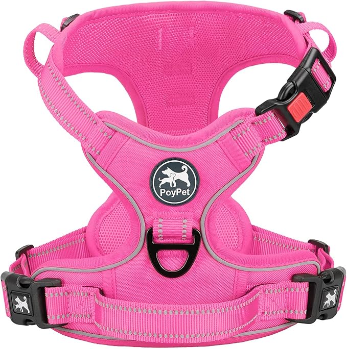 PoyPet No Pull Dog Harness, Reflective Vest with 2 Leash Clips & Handle | Lockable Neck Release Buckle, No Choke, Adjustable, Soft Padded, for Walking Training, Pink Matching Trim, X-Small