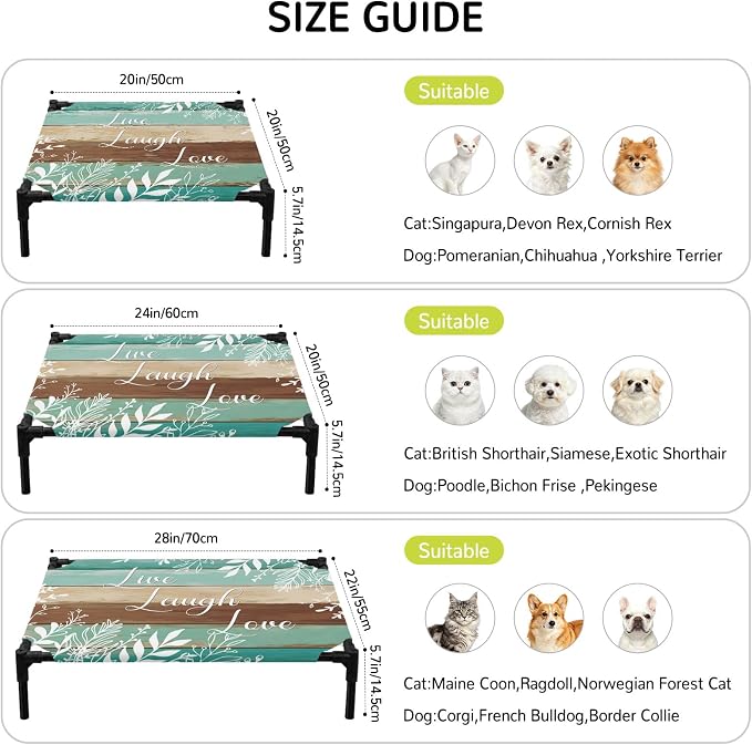 Outdoor Elevated Dog Bed for Large Dogs, Teal Green Brown Botanical Breathable Cooling Raised Dog Cot for Indoor/Outdoor, Farmhouse Wooden Leaves Waterproof Elevated Pet Beds, L 28 x 22 in