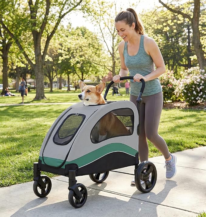 Garvee Extra Large Dog Stroller with Steel Pipe Frame, Wheels, Brakes, Shock Absorption, Foldable Design - Green