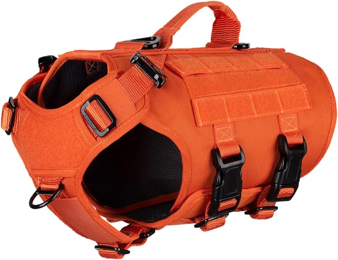 ICEFANG No Pull Tactical Dog Harness for Small Dogs,Adjustable Dog Vest | Control Handle,MOLLE Panel,Front Hook,3 Leash Clips,Soft Padded,for walking training,Orange,Small