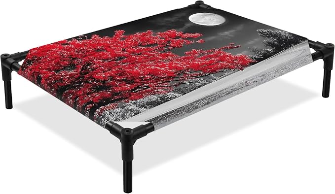 Outdoor Elevated Dog Bed for Medium Dogs, Vibrant Red Tree Breathable Cooling Raised Dog Cot for Indoor/Outdoor, Glowing Moon Black Sky Waterproof Elevated Pet Beds, M 24 x 20 in