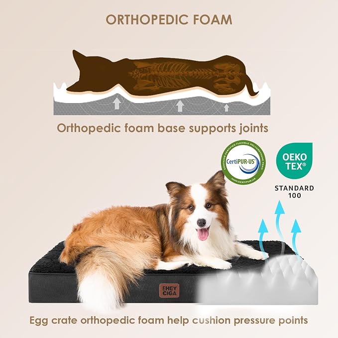 EHEYCIGA Orthopedic Dog Bed Large with Removable Washable Cover, 41IN Black | Egg Crate Foam Support, Durable Oxford fabric, Non-Slip Bottom, Machine Washable, Soft Waterproof Plush Pet Bed Mat For Crate