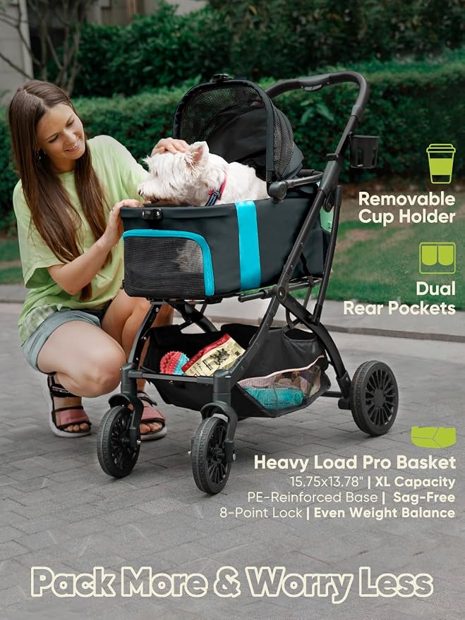 Small Dog Stroller, Pet Stroller for Small Dogs, 5-in-1 Dog Strollers - Fold All in One Without Detaching Carrier, Pet Strollers with Removable Waterproof Carrier for Dogs Cats 10 lbs 20 lbs - Black