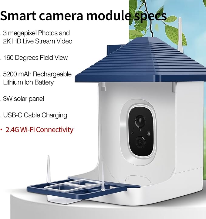 Smart Bird Feeder with Camera,AI Identify Species,Bird House with Solar Powered,Instant Arrival Alerts,64GB Card Auto Record Video,2K Capture Video,Live View for Lover (Blue+64G Card)