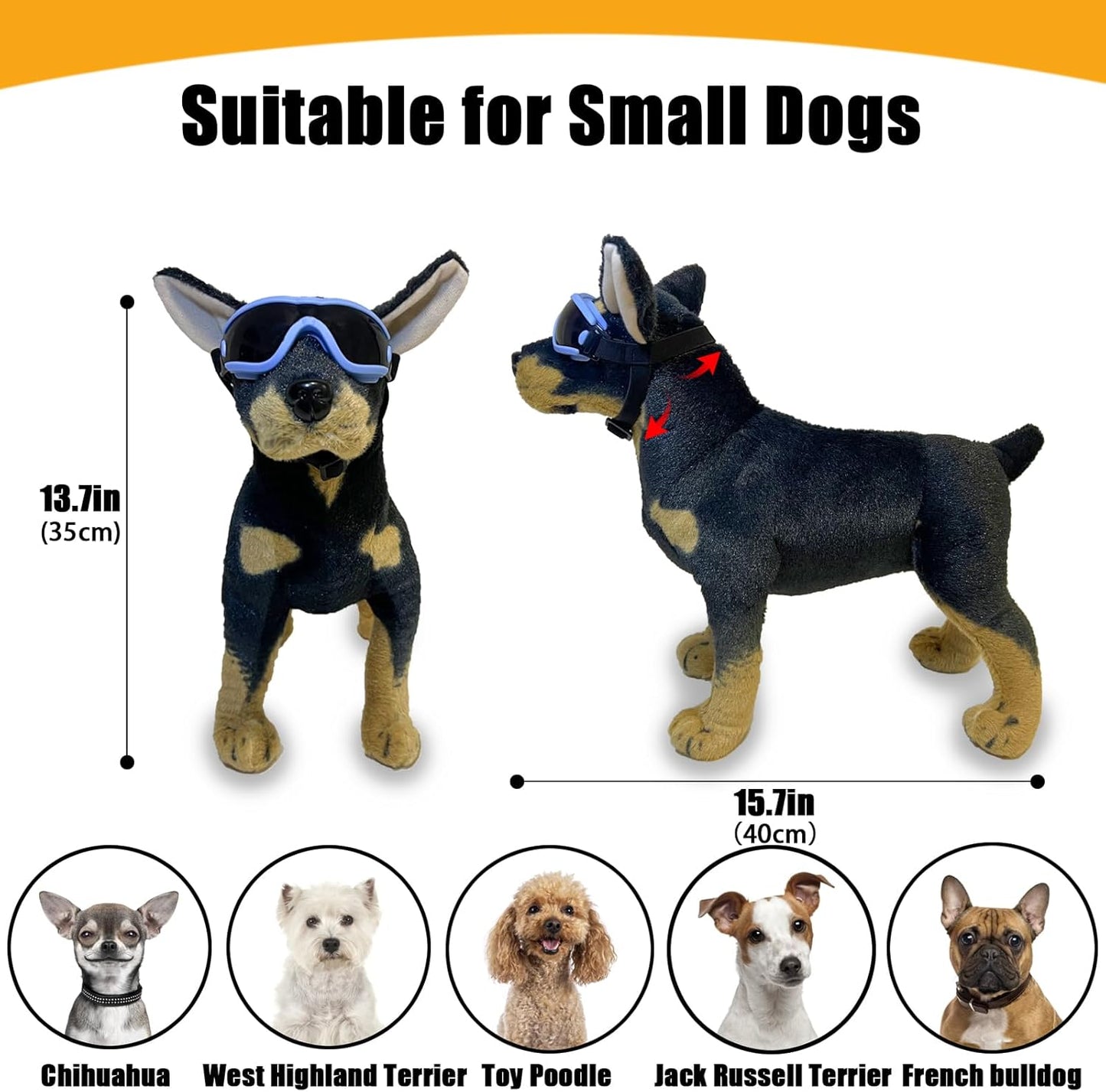 Dog Goggles Small Breed Dog Sunglasses with Adjustable for UV Protection Eyewear Doggy Doggie Puppy Glasses Anti-Fog Wind Dust Snowproof (Blue Frame Red Lens)
