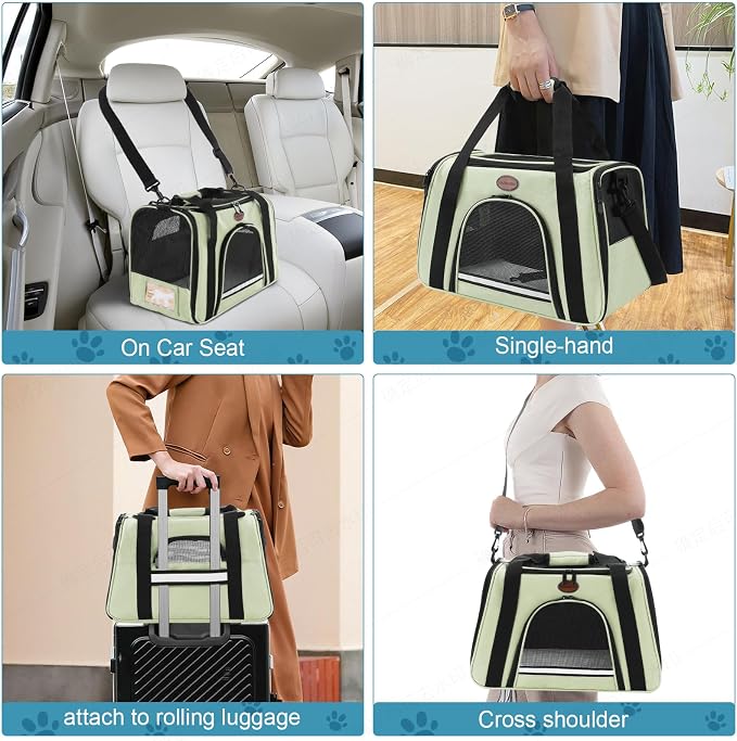 Cat Carrier Dog Carrier Pet Carriers for Medium Small Cats Dogs Puppies up to 15 Lbs,TSA Airline Approved Small Dog Cat Carriers Soft Sided,Collapsible Travel Puppy Carrier (Green, Large)