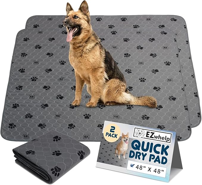 EZwhelp Reusable Quick Dry Pad - Waterproof Pet Pee Pads Washable for Large Dogs - Non-Slip Dog Training Pads, Fast Absorbent - Reusable Potty Pads for Cats and Dogs - 48" x 48" Pack of 2