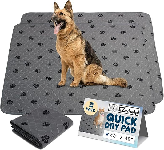 EZwhelp Reusable Quick Dry Pad - Waterproof Pet Pee Pads Washable for Large Dogs - Non-Slip Dog Training Pads, Fast Absorbent - Reusable Potty Pads for Cats and Dogs - 48" x 48" Pack of 2