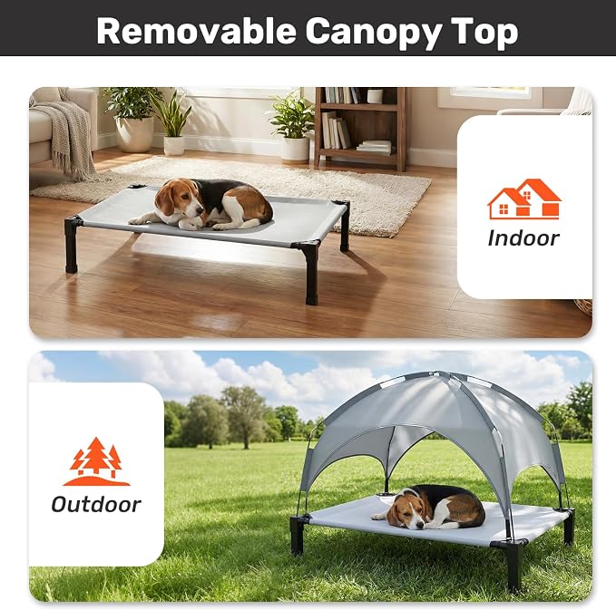 Elevated Dog Bed with Removable Canopy, Sun Protection Shade Tent Dog Cot | Portable Outdoor Dog Bed, Raised Pet Cooling Cot Bed for Dogs, 51in