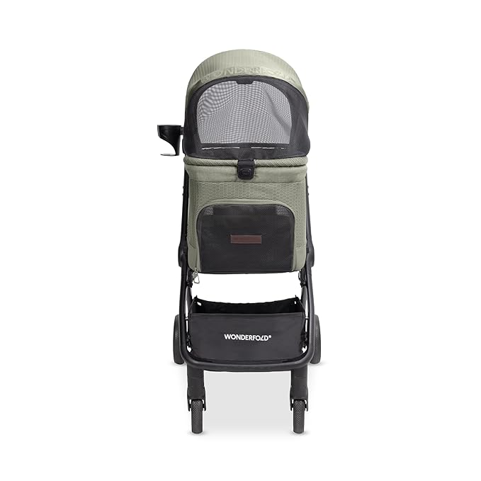 WonderFold Bella Pet Stroller - Autofold Design with Lightweight Aluminum Frame, Breathable Carriage Fabrics and Canopy, Safety Tethers & Easy-Clean Interior - Moss