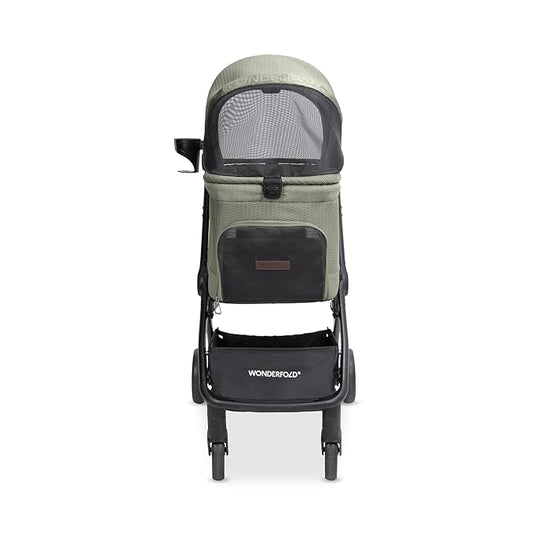 WonderFold Bella Pet Stroller - Autofold Design with Lightweight Aluminum Frame, Breathable Carriage Fabrics and Canopy, Safety Tethers & Easy-Clean Interior - Moss