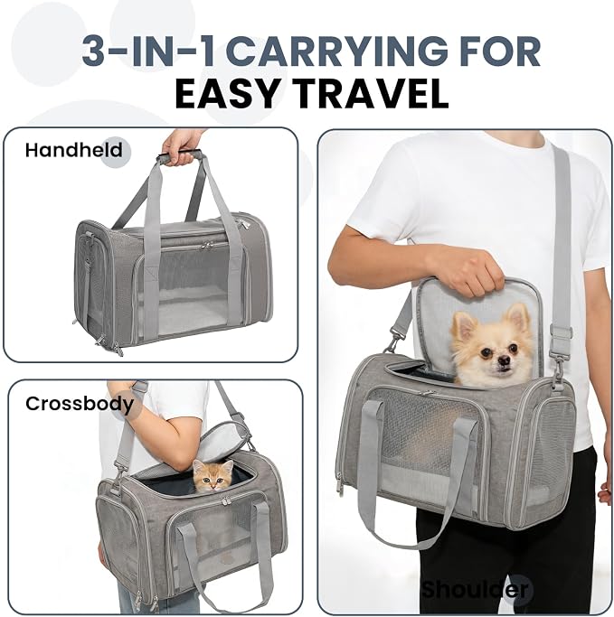 Soft-Sided Cat Carrier Expandable Pet Carrier Airline Approved Mesh Travel Carrier Up to 22lbs for Cats Small Dogs Collapsible Escape-Proof with Shoulder Strap Washable (20x13x13 Gray)