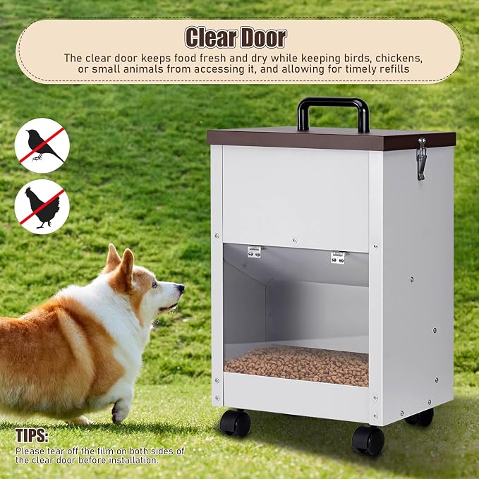 28Lbs Automatic Dog Feeder Large Breed, Easy to Move with Wheels | Outdoor Gravity Dog Feeder, Galvanized Metal Self Feeding Dog Food Dispenser with Clear Door, Pet Feeding Station