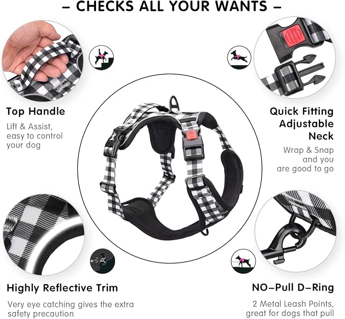 PoyPet Plaid Dog Harness Medium, No Pull Vest with Front Clip & Neck Buckle | Padded Handle, Reflective, No Choke, Lockable, 2 Leash Rings, Full Adjustable, for Training Walking, M, Grid