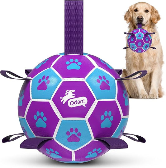 QDAN Dog Toys Soccer Ball - Durable Dog Balls with Strap for Medium Small Dogs, Puppy Birthday Gifts, Dog Tug Toy for Tug of War (8 Inch)