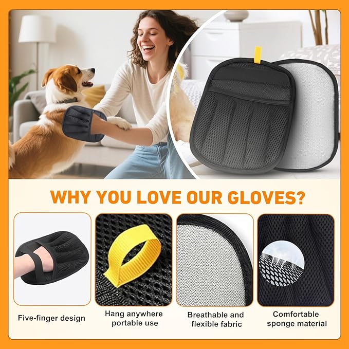 Florteen Pet Hair Removal Glove for Dogs & Cats,Reusable Electrostatic Pet Hair Remover Gloves,Magic Brush Pet Hair Removal Tool for Furniture,Couch,Car Seats,Clothing(2Pcs)