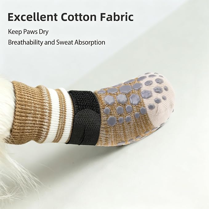 PUPTECK Anti-Slip Dog Socks with Double Sides for Small Medium Large Dogs Hardwood Floors Prevents Licking, Dog Shoes for Hot Pavement Traction Control Paw Protector for Senior Dogs, Striped Khaki L
