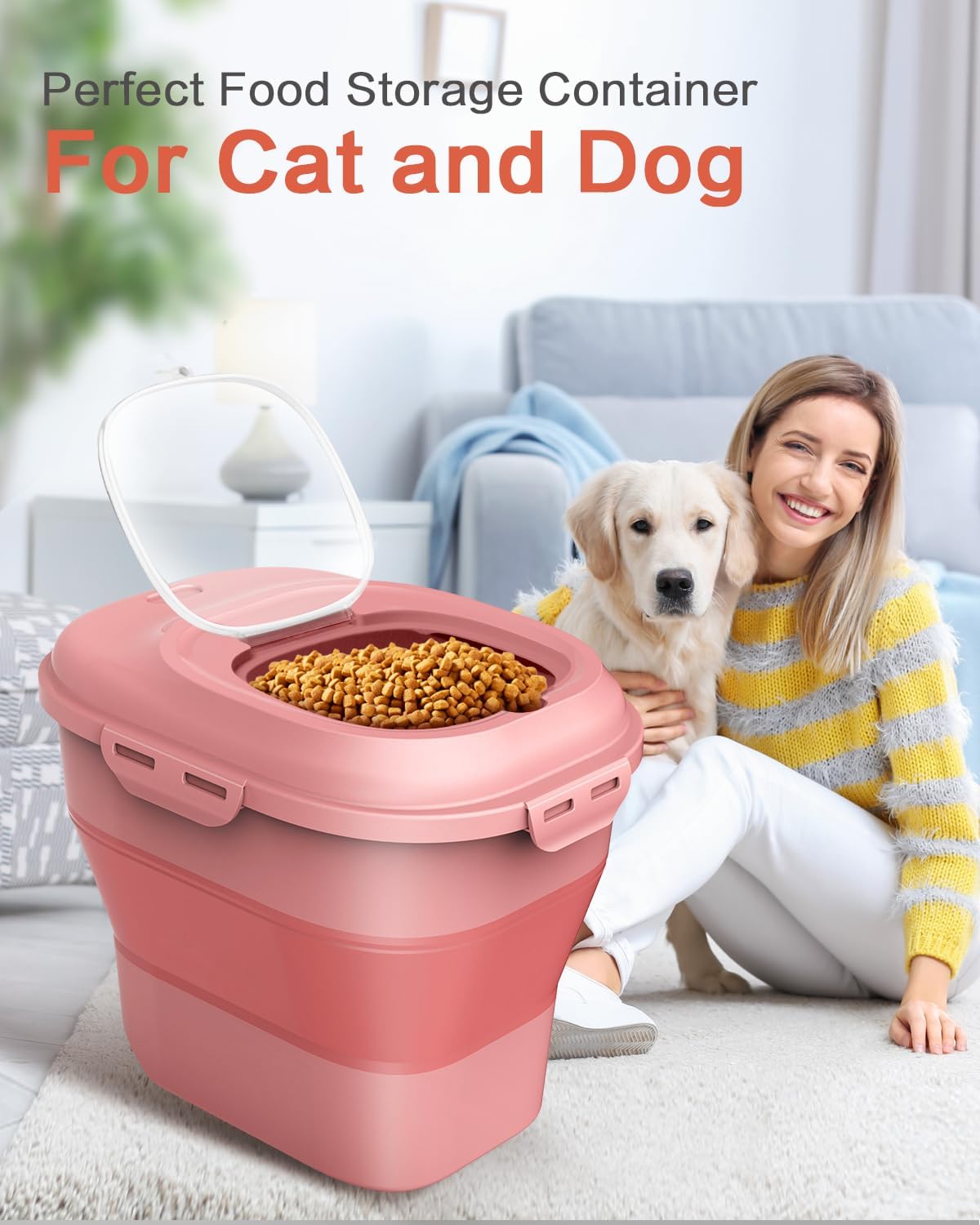 ANVS Dog Food Storage Container - Collapsible Dog Food Container with Airtight Lids, Scoop and 2.5L Small Pet Food Storage Container Dry Food For Dog, Cat and Other Pet Food (Pink, 30 lbs)