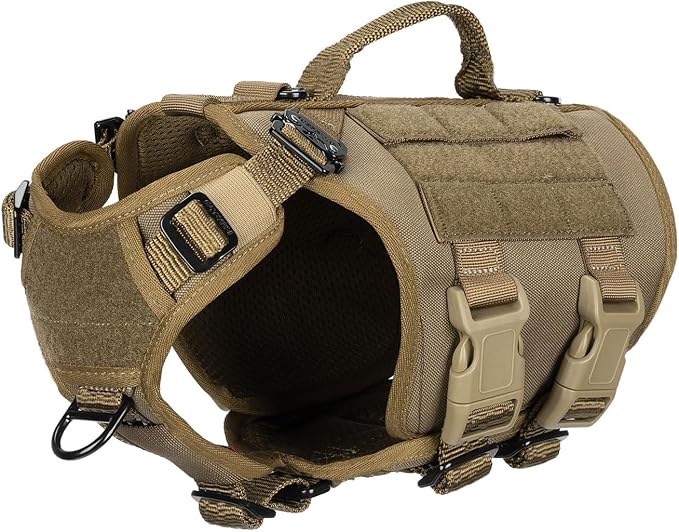ICEFANG No Pull Tactical Dog Harness for X-Small Dogs,Adjustable Dog Vest | Control Handle,MOLLE Panel,Front Hook,3 Leash Clips,Soft Padded,for walking training,Brown,X-Small