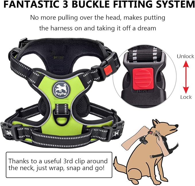 PoyPet No Pull Dog Harness Medium with Front Clip & Neck Release Buckle | No Choke, Adjustable Vest, Reflective, Back Clip, Lockable, Soft Padded, Easy Control Handle for Walking Training, M, Green