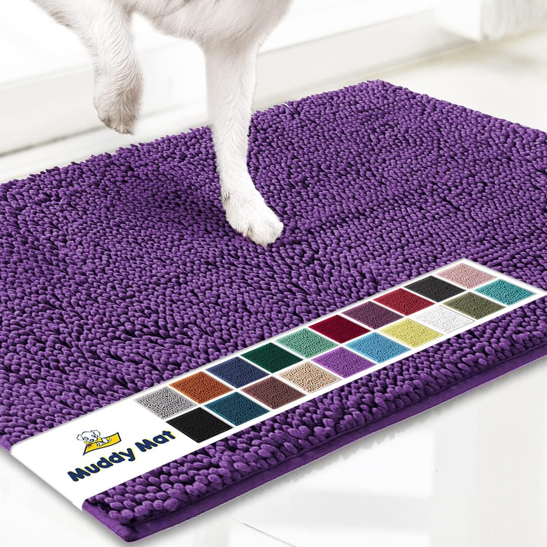 Muddy Mat® AS-SEEN-ON-TV Highly Absorbent Microfiber Door Mat and Pet Rug, Non Slip Thick Washable Area and Bath Mat Soft Chenille for Kitchen Bathroom Bedroom Indoor and Outdoor - Purple 36" x 120"