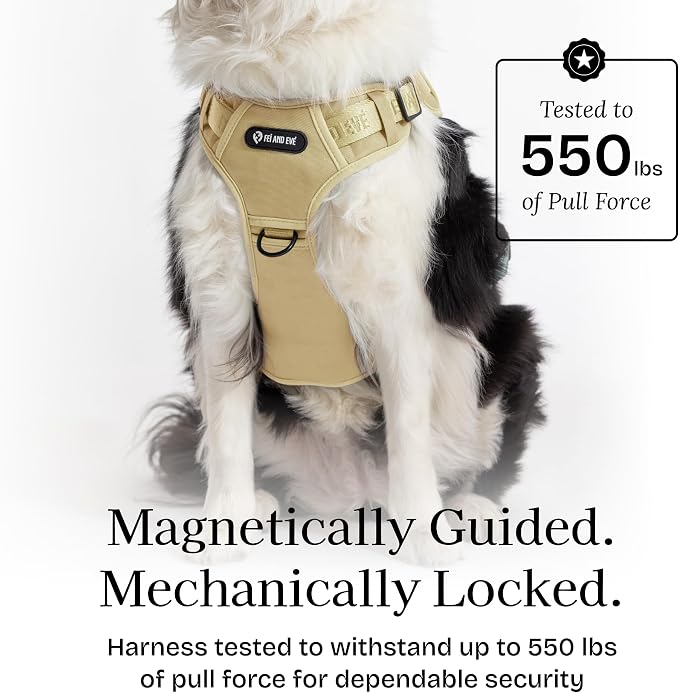 Fei & Eve Classic Dog Harness, MagEase Magnetic Buckle | 3-Point No-Pull Control, Dual Handle Support, 900D Nylon, Tactical Patch Panel, Heavy Duty, X-Large, Champagne