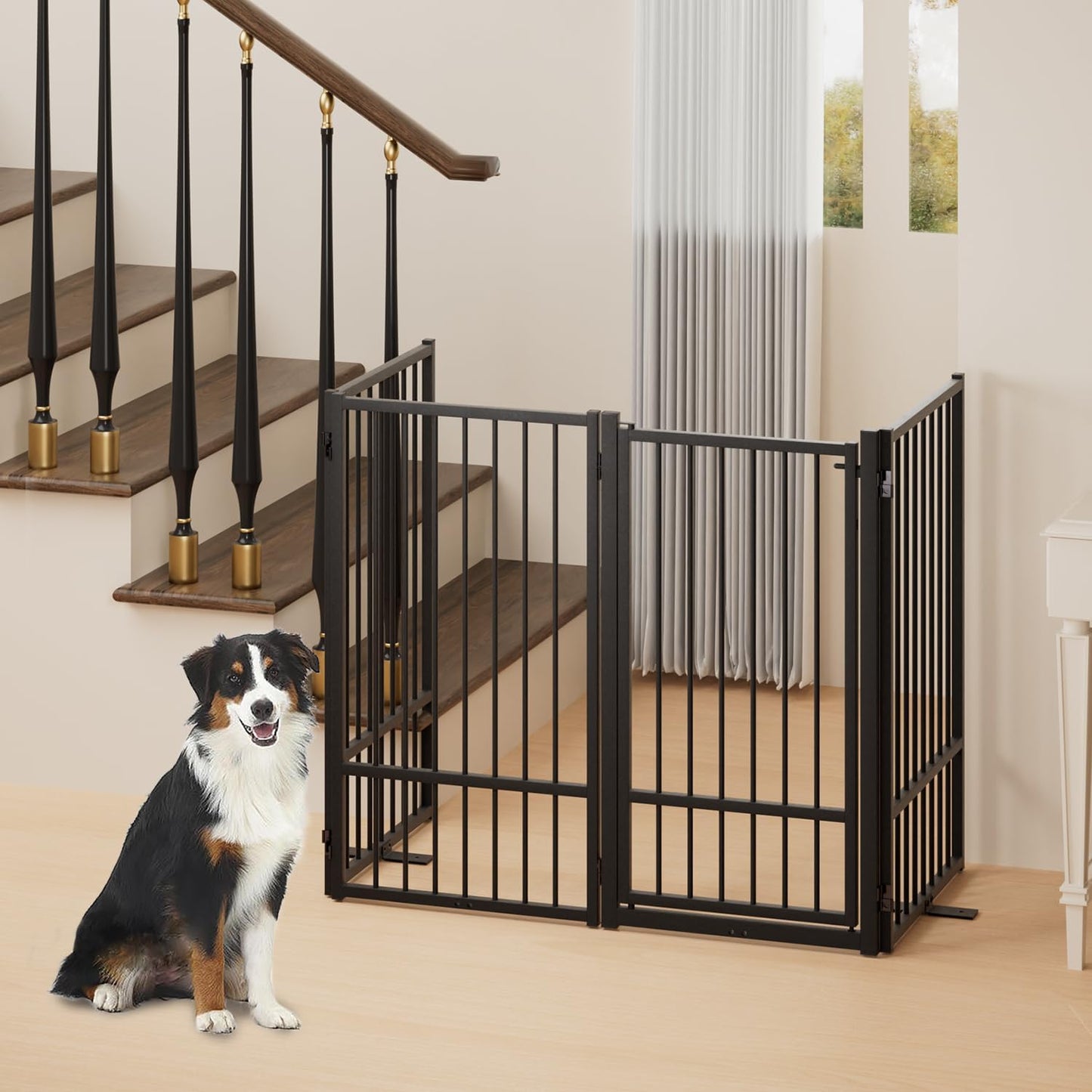 Full Metal Freestanding Dog Gate with Door, 36''Height Foldable Pet Dog Fence for Indoor & Outdoor, 4 Panels Extra Wide Free Standing TallDog Gates for Doorways,House,Stairs,Porch,Deck,Yard