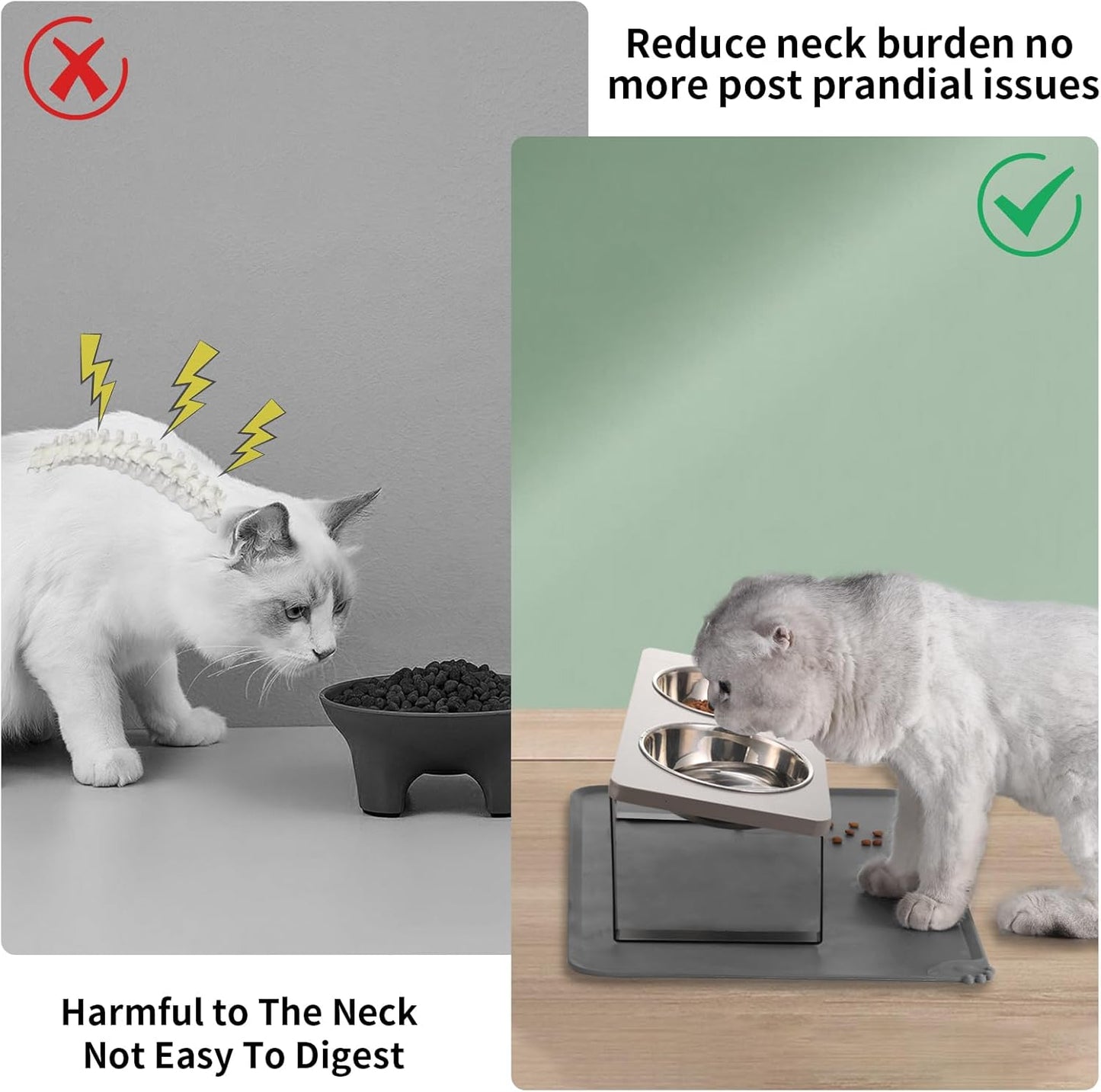 Upgraded Elevated Cat Bowls with Food Mat,15°Tilted Stand Anti Vomiting Raised Cat Dishes for Food and Water,2 Stainless Steel Bowls for Cats and Puppy（Gray）