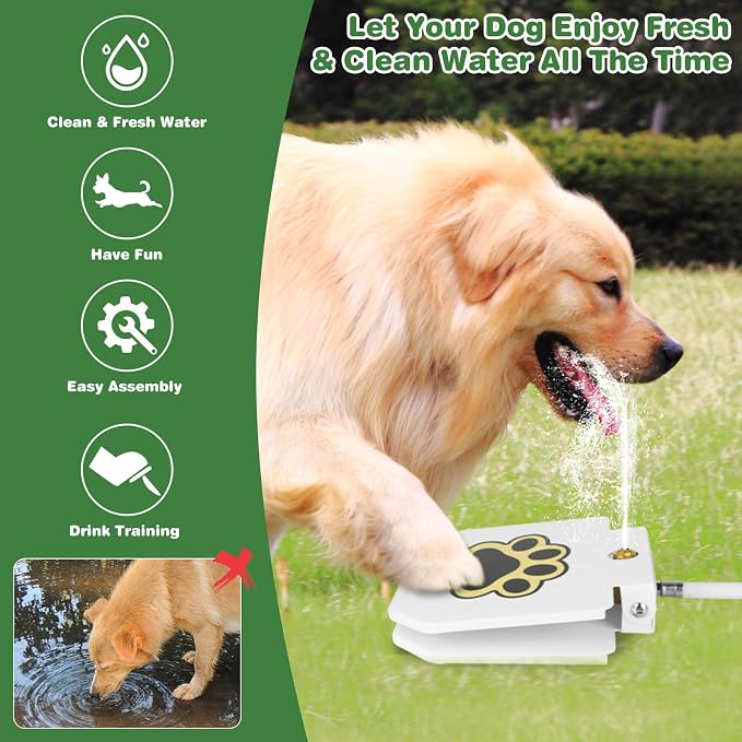 Dog Water Fountain Outdoor,Upgrade Large Dog Sprinkler Drinking Water Dispenser Step-On,Dog Paw Water Activated Bowl Alternative with Stainless Steel Braided Hose