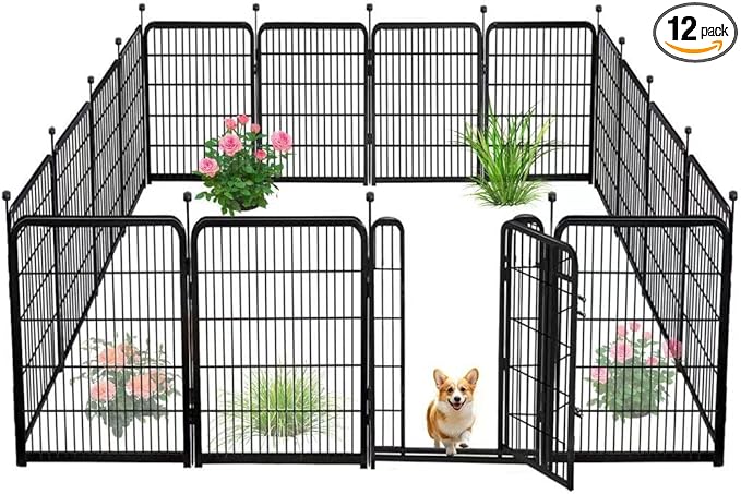 Explovehike 12 Panels Tall Garden Fence Animal Barrie, 48 in(H) X26.6 Ft(L) Wide Door Low Threshold Dog Fence, Black Pet Fence Outdoor, Garden Fence with Gate, Dog Fences Outdoor for Yard