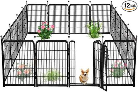 Explovehike 12 Panels Tall Garden Fence Animal Barrie, 48 in(H) X26.6 Ft(L) Wide Door Low Threshold Dog Fence, Black Pet Fence Outdoor, Garden Fence with Gate, Dog Fences Outdoor for Yard