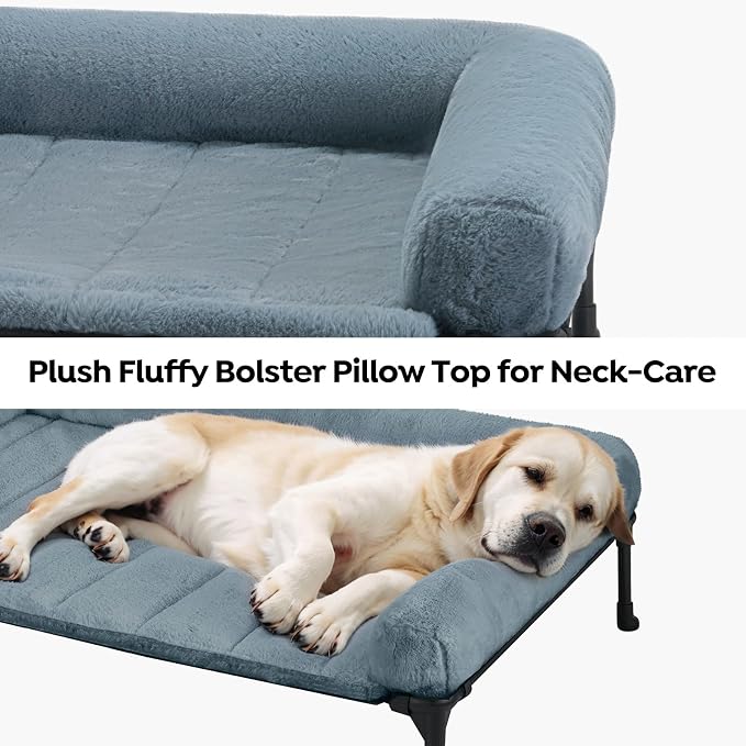 Veehoo Elevated Dog Beds Medium Sized Dog with Fluffy Plush Bolster Cushion | Orthopedic Raised Dog Beds for Indoor Outdoor, Soft Pet Sofa Cot with Removable Washable Mat, No-Slip Feet, 32" x 25", Blue