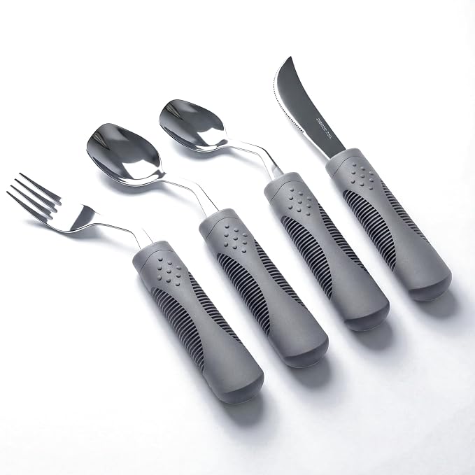 Adaptive Utensils 4-Piece Set | Weighted Silverware for Hand Tremors & Parkinson's | 42° Angled Rocker Knife & Shovel Spoon | 140g Weighted Utensils for Arthritis, Elderly (Grey,