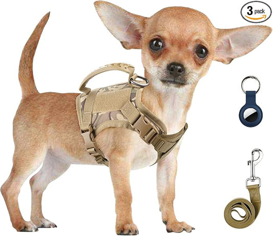 Annchwool Tactical Dog Harness for Small Dogs with Handle, Military Service Dog Vest and Leash Set for Outdoor Training Walking Hiking, Adjustable (Black, Camo)