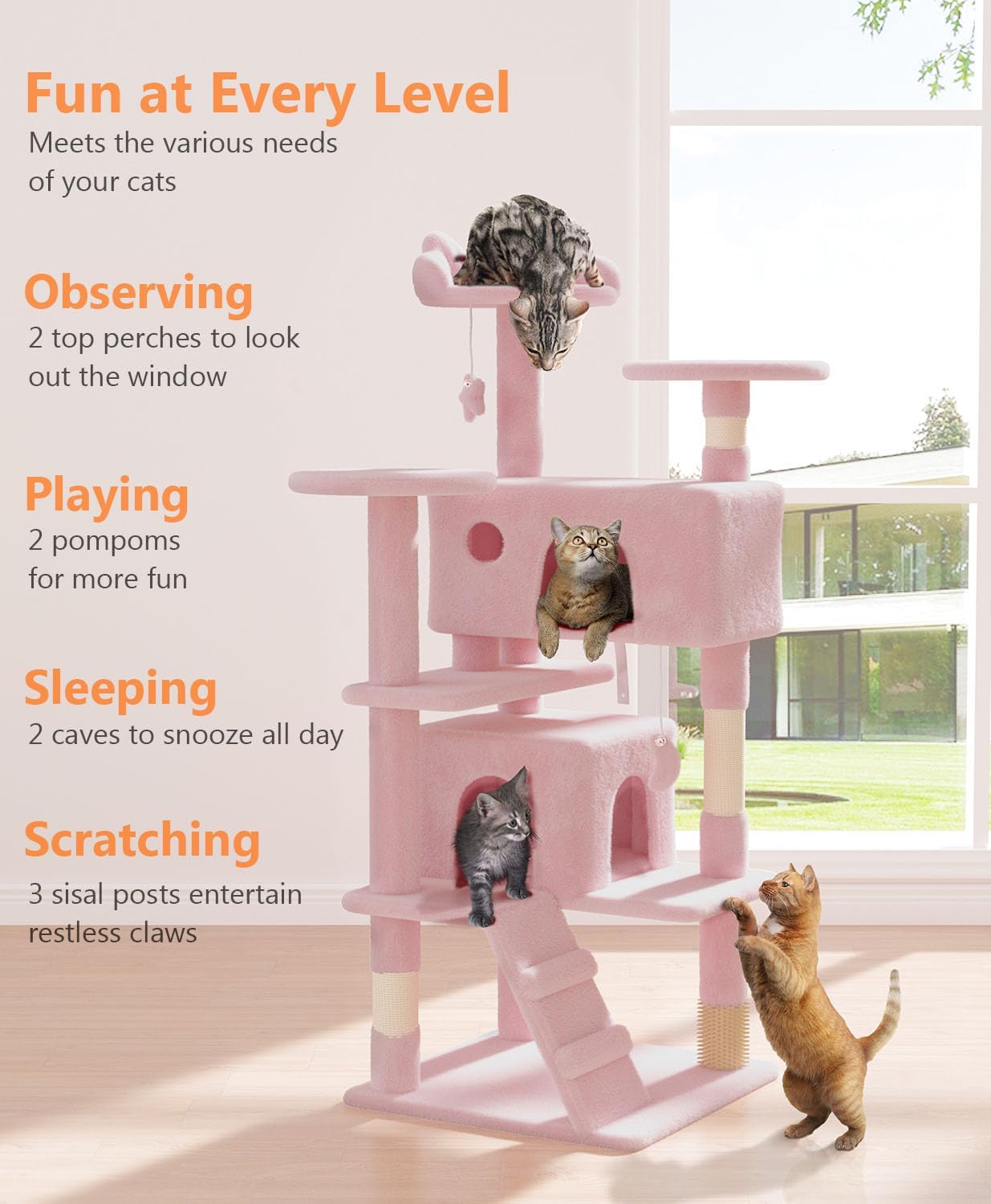 54" Cat tree Tower for Indoor Cats Large Adult,Cute/Tall Modern Cat Tree for Big Cats 20 lbs,Plush Multi-Level Cat Condo with Scratching Posts, Dangling Ball for fun play (Soft Pink, 54 inch)