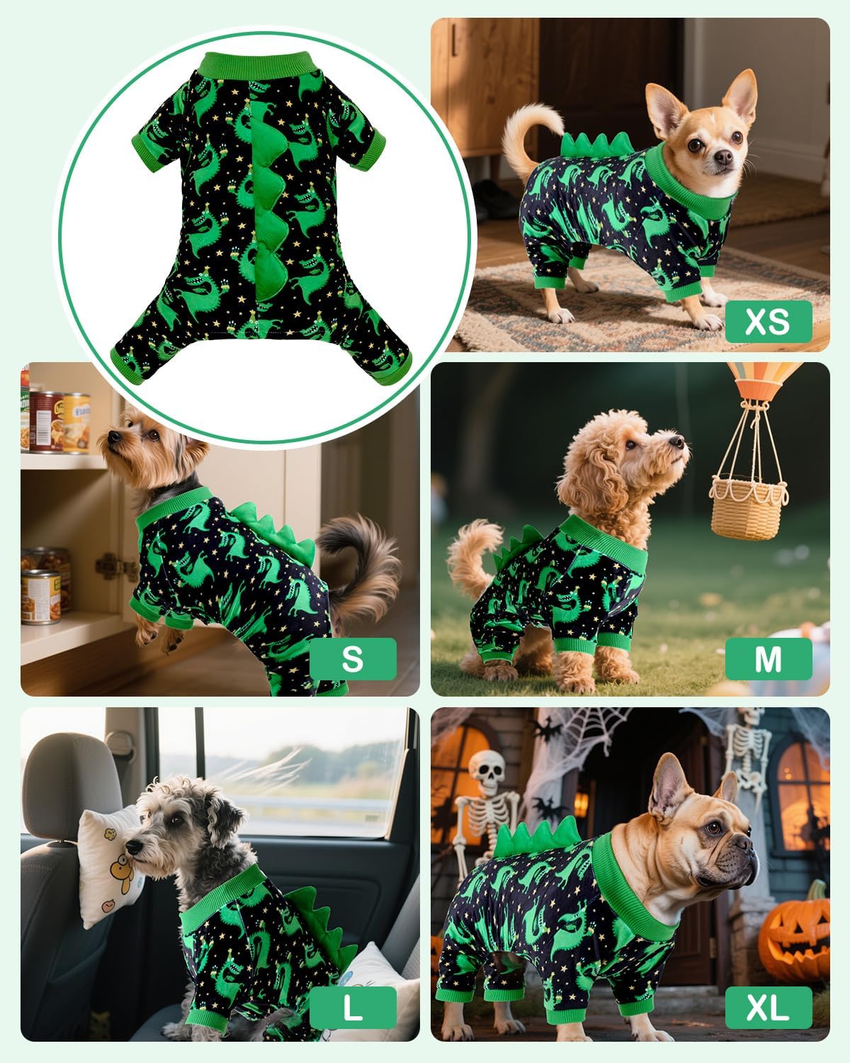 CuteBone Dinosaur Costume Dog Pajamas, Stretchy Spandex Crystal Velvet Sleepwear Coat for Small Dogs, Soft & Warm Pet Outfit Clothes for Cold Weather, Cozy Pullover Design COSP14M