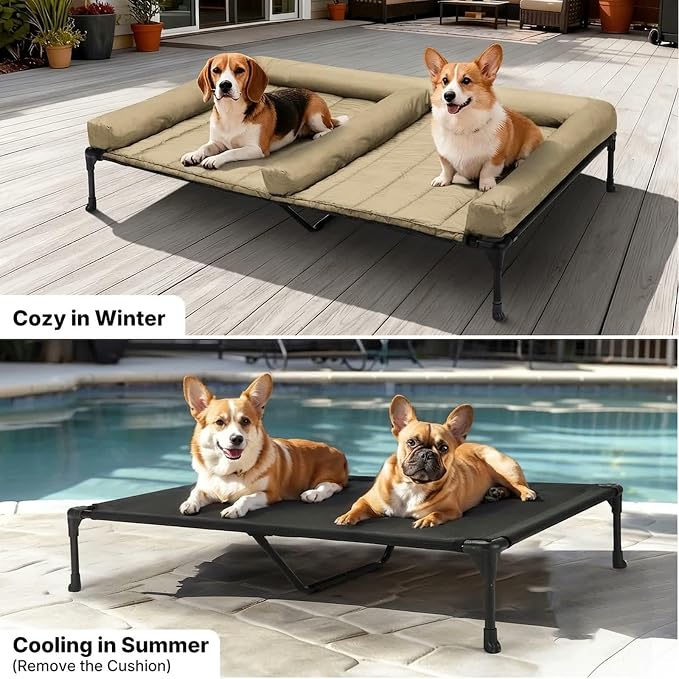 Veehoo Elevated Dog Bed for 2 Dogs, Cooling Raised Dog Bed with Bolster Mat | Outdoor Double Dog Bed with Removable Waterproof Cushion, Breathable Mesh, Non-Slip Feet for Outdoor & Indoor, 49", Beige