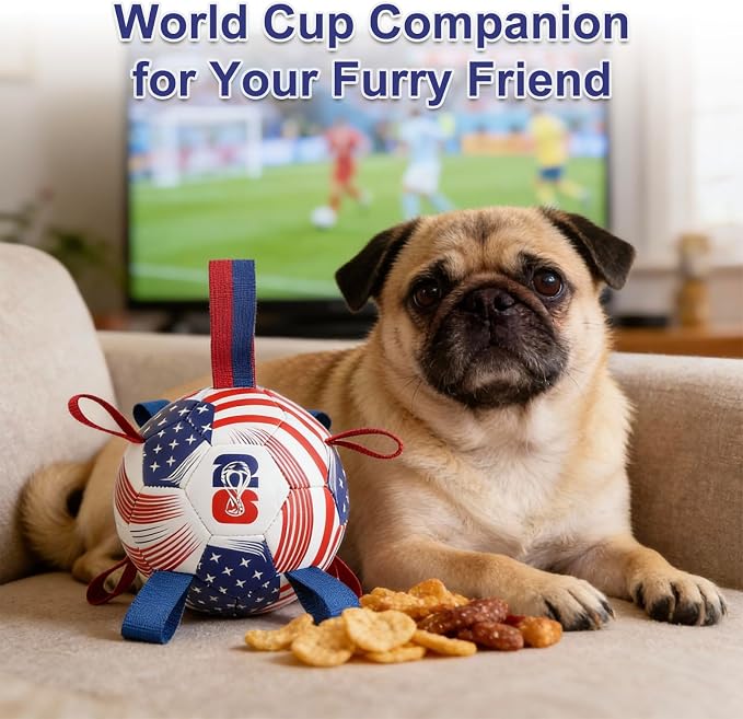 Dog Toys Balls, Dog Soccer Ball with Straps, Dog Birthday Gifts, Durable Balls for Small Medium Pet, Puppy Outdoor Toy, Pet Training Soccer Ball, World Cup Soccer (7.25 Inch) (U.S.A, Large)