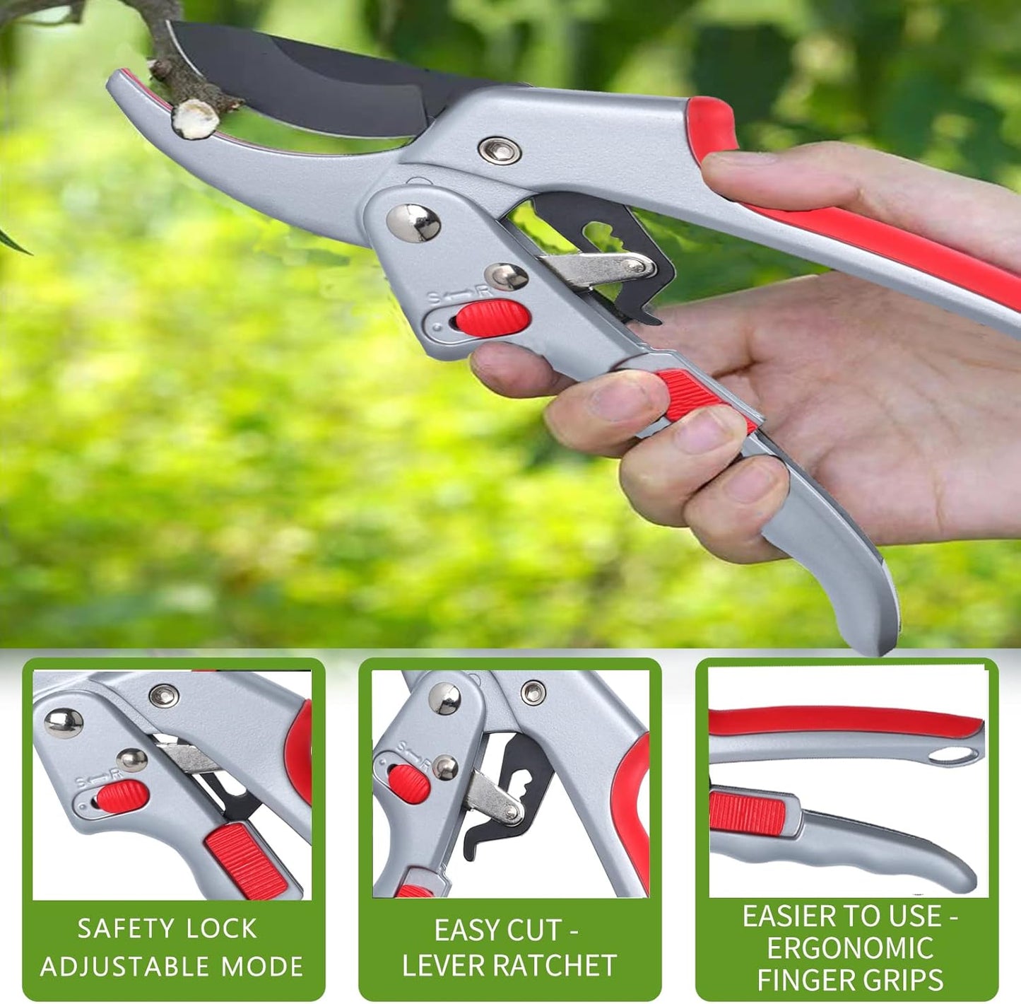 Garden clippers, premium Germany pruners, Work 3 times easier, professional ratchet pruning shears, cutting rose, flower, hedge, stem, tree, Sharp gardening scissors, Arthritis weak hand snips