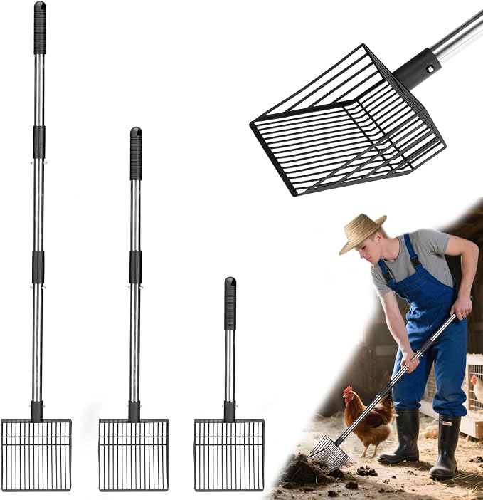 PUPTECK Large Chicken Poop Scooper - Adjustable Long Handle Poop Scooper with Deep Shovel, Detachable Heavy Duty Shovel Multifunctional Chicken Cleaning Tool Coop Accessories(20"-40")