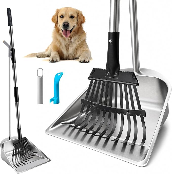 Stainless Steel Dog Pooper Scooper 45in Handle Large Tray Rake | with Heavy DutyV Dog Pooper Scooper for Large Holding Capacity, Rust-Proof Poop Scoop Set for Grass, Concrete and Gravel
