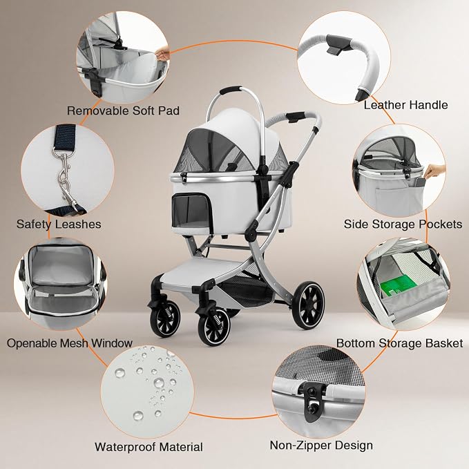 3 in 1 Pet Stroller for Small/Medium Dogs & Cats with Detachable Carrier, Storage Basket and Pet Pad, 4 Wheels Foldable Pet Travel Carrier for Car Seat & Hand Carry, Safe Outings (Grey)