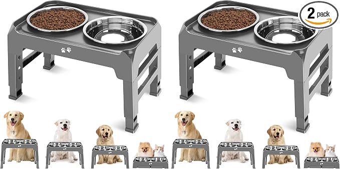 Elevated Bowls, 4 Height Adjustable Raised Stand with 2 Thick 50oz Stainless Steel Food Bowls, Non-Slip Feeder for Large Medium Dogs, Adjusts to 3.7", 9.2", 10.75", 12.36" Grey (Pack of 2)