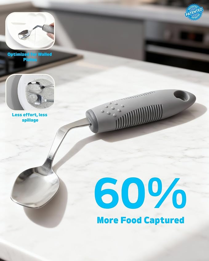 4-Piece Adaptive Utensils Set with Rocker Knife & Shovel Spoon - 42° Angled Parkinsons Utensils, 2.5 oz Weighted Silverware for Hand Tremors and Arthritis, Adaptive Eating Utensils (Grey Right-handed)